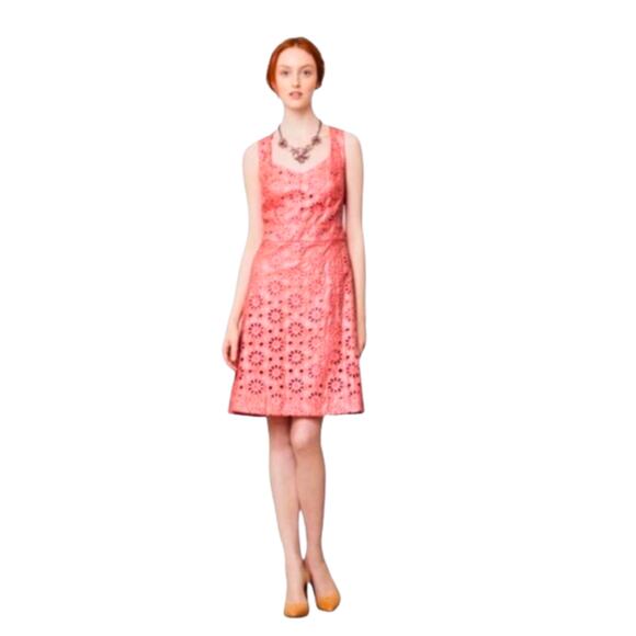 Anthropologie MAEVE Dress sz 2 Coral shimmer Flower Eyelet knee Length v neck - Picture 2 of 5